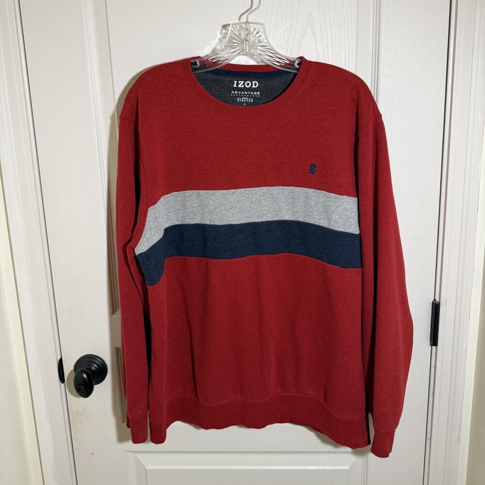 IZOD Advantage Performance Natural Stretch Red Sweatshirt Gray Blue Stripe Men L
